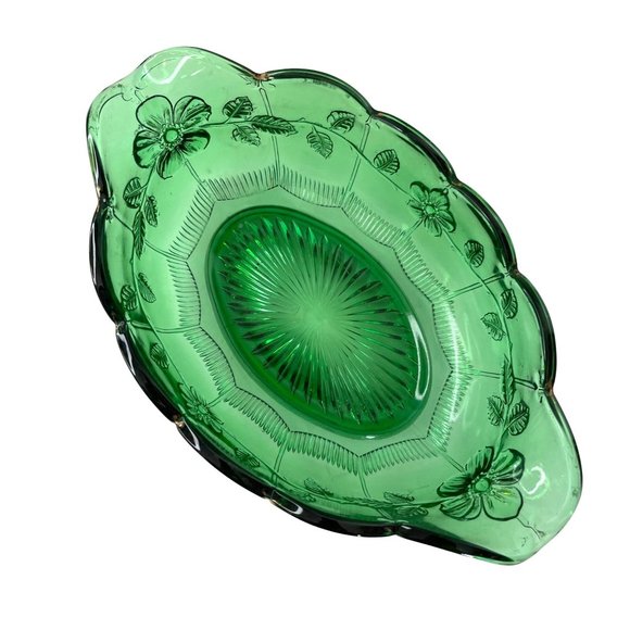 EAPG Bowl Emerald Green & Gold Paneled Dogwood Circa 1905 - 1915 Antique 12" - Picture 5 of 8